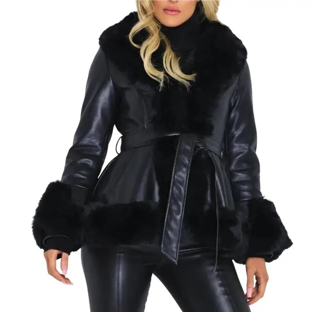 Chic Women Leather/Fur Coat